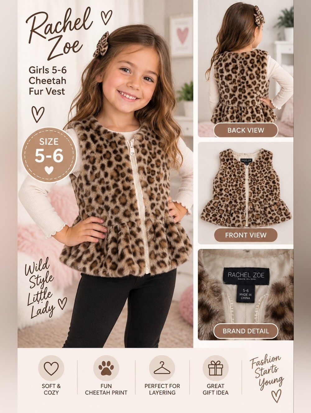 Rachel zoe girls 5-6 cheetah fur vest #07